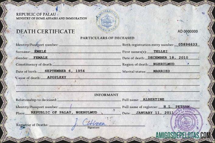 Imprimível modelo PSD de certidão de óbito de Palau